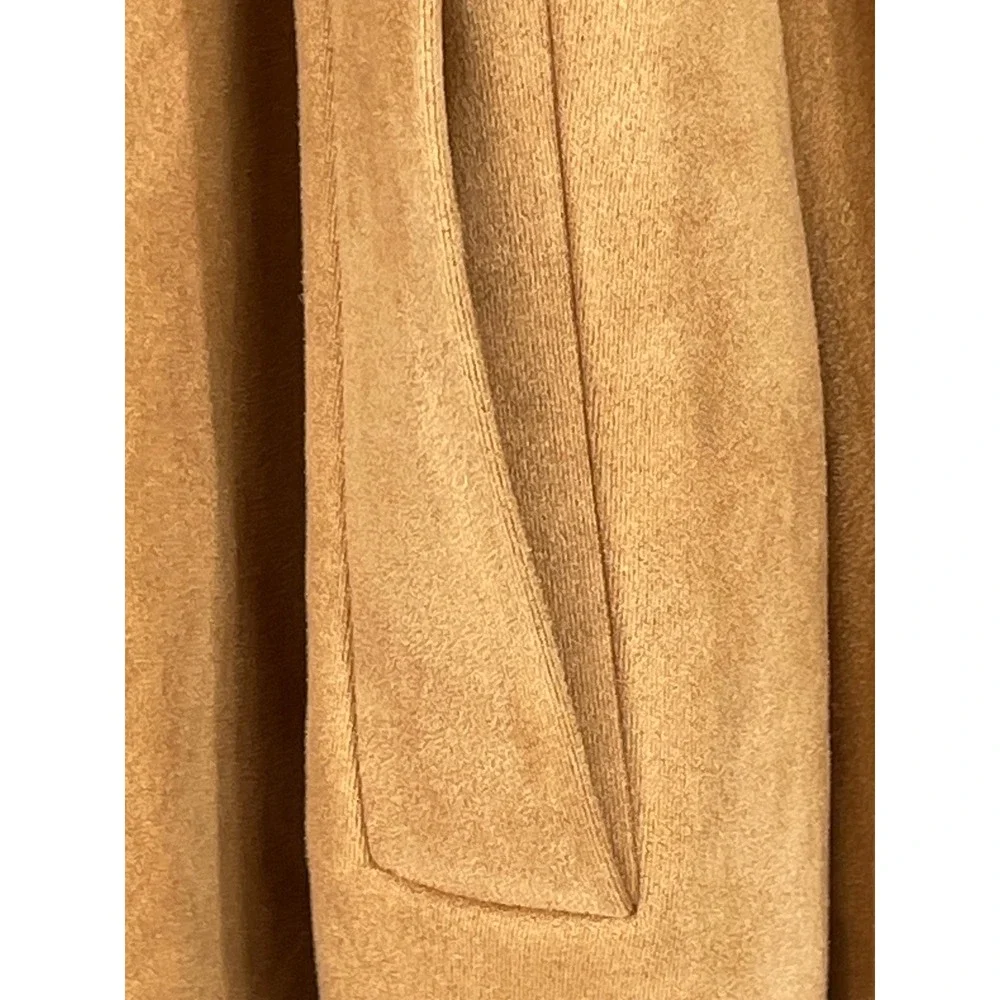 Cactus + Pearl Womens M Wrap Coat Tan Faux Suede Crochet Trim Belted Boho Flair